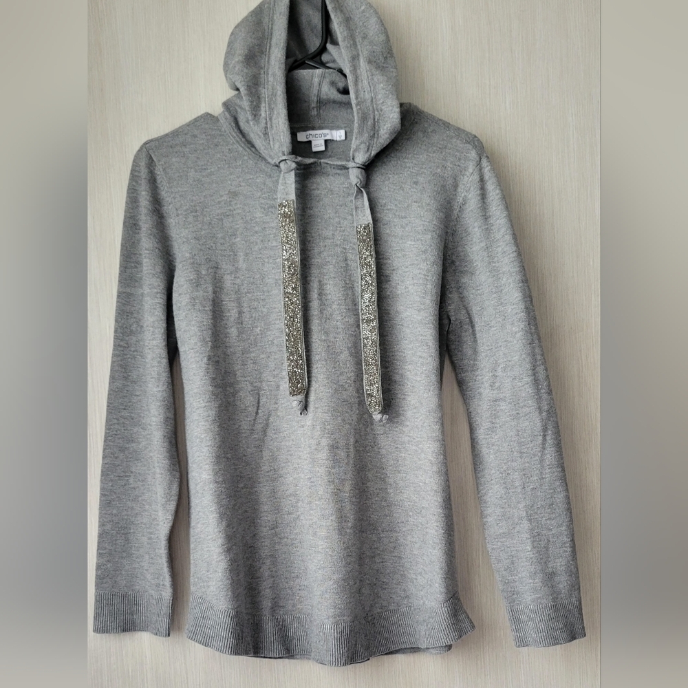 Chico's Cashmere Hooded Sweater With Embellished Cords